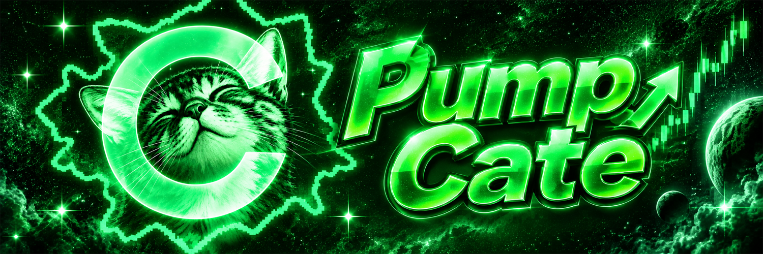 Pump Cate — space cat inside a neon C, green candles up